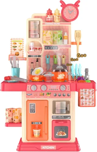 Vista 8 de Juego de cocina para niños pequeños, juego de cocina para niños pequeños, juguetes para niñas con estufa de cocina, vapor, fregadero y alimentos