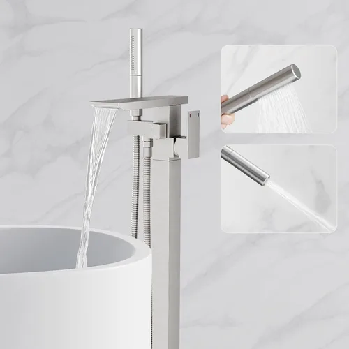Vista 11 de RUMOSE Llenador de bañera de oro cepillado, relleno de bañera independiente para montaje en el suelo, grifo de bañera de cascada con certificado