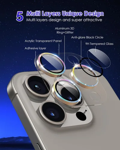 Vista 3 de Protector de lente de cámara con purpurina para iPhone 15 Pro/iPhone 15 Pro Max, acrílico transparente más anillo de aleación de aluminio 9H