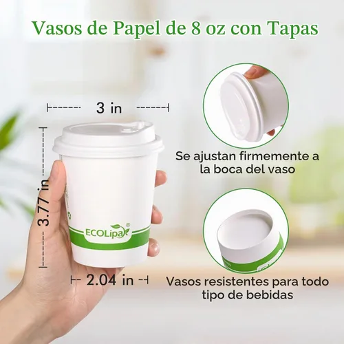 Vista 3 de ECOLipak 200 tazas de café de papel compostables de 8 onzas, tazas de café desechables biodegradables con tapa CPLA, tazas de bebida caliente