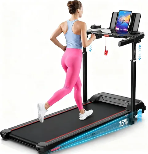 Vista 14 de Treadmill with Desk Workstation & Adjustable Height, 450 lbs Weight Capacity, Folding Incline Treadmill with Handle Bar, Portable Ultra-Quiet 3.5HP