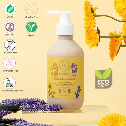 Vista 4 de Loción vegana orgánica para bebés, caléndula y lavanda para una hidratación suave durante el sueño, recién nacidos y todo tipo de piel, botella
