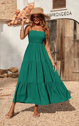 Vista 3 de Vestido largo de verano para mujer de PRETTYGARDEN, casual, bohemio, sin mangas, con tirantes delgados, fruncido, para playa, para el sol.