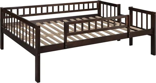 Vista 8 de Linique Litera triple de tamaño matrimonial con tobogán y escalera, marco de cama separable de madera maciza con barandilla de longitud completa