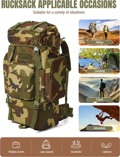 Vista 3 de Mochila táctica de senderismo de camuflaje grande 65L
