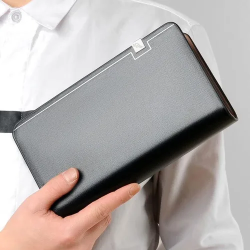 Vista 3 de Bolso de mano para hombre, bolso de mano de cuero genuino, con cremallera, cartera larga, para negocios, grande, soporte para teléfono