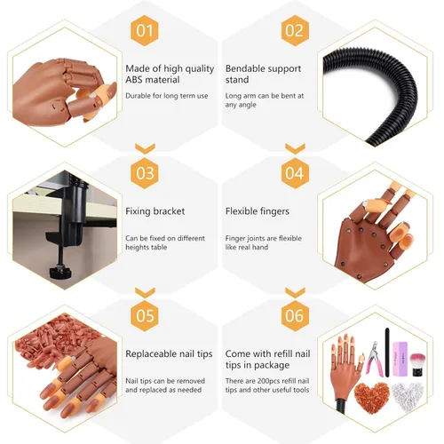 Vista 4 de LIONVISON Mano de práctica para uñas acrílicas: kit de mano de entrenamiento de uñas postizas de manicura Movable Fake Manican Hands with 300PCS