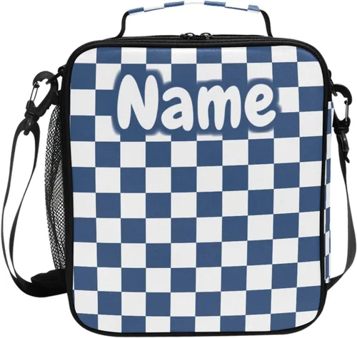 Vista 44 de Lonchera con patrón de cuadros blancos y negros, bolsa de almuerzo aislada, bolsa de preparación para niños, correa de hombro congelable a001