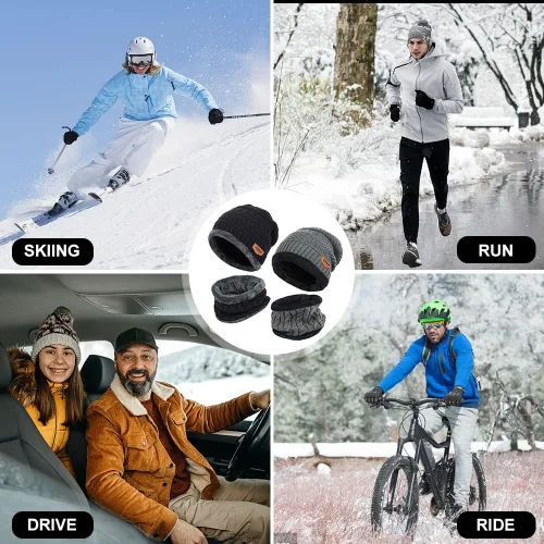 Vista 5 de 4 piezas de gorro de invierno para hombre y mujer, conjunto de bufanda de punto cálido para hombre y mujer, One Size-Medium