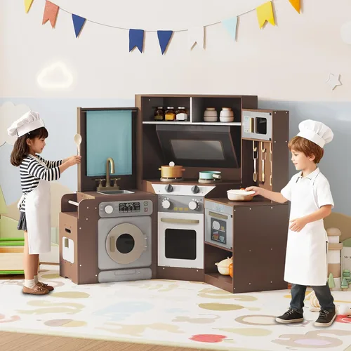 Vista 2 de Cocina esquinera de madera con luces y sonido, electrodomésticos completos y accesorios completos, juego de cocina para salas