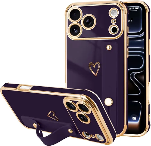 Vista 19 de LLZ.COQUE Funda compatible con iPhone 12 para mujeres y niñas, parachoques chapado de lujo con bonito diseño de corazón de amor, soporte de correa