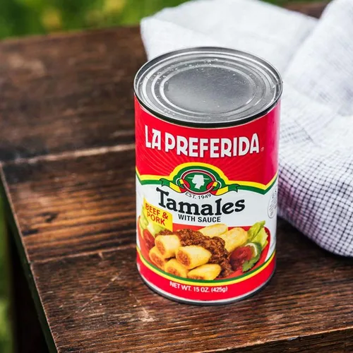 Vista 4 de La Preferida Tamales de carne de res y cerdo (tamales mexicanos enlatados en salsa roja) – Sin colorantes artificiales ni conservantes, solo