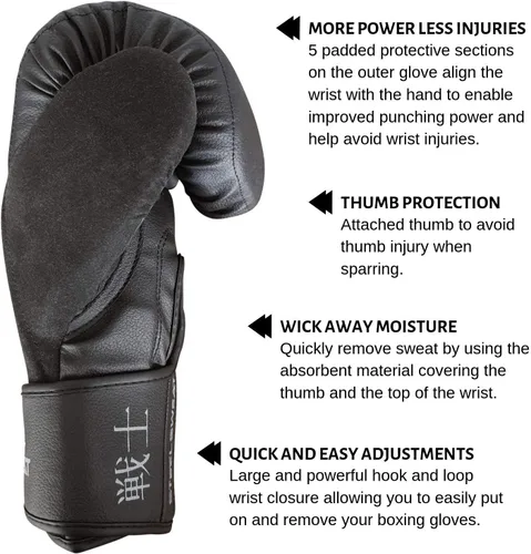 Vista 3 de Steel Sweat Guantes de boxeo – Guantes de entrenamiento para boxeo, sparring, kickboxing y Muay Thai – Hombres y mujeres – Senshi Black 10 oz