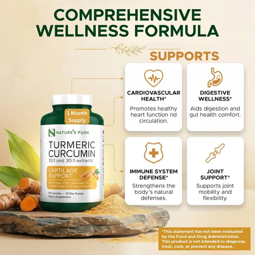 Vista 3 de Nature's Push Curcumina de cúrcuma súper potente 30:1 Extracto 30:1 375 mg 90% curcuminoides, 1,350 mg de raíz de cúrcuma 10:1 más pimienta negra