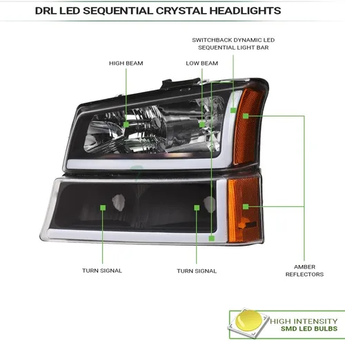 Vista 4 de Switchback - Barra de tubo LED secuencial, carcasa negra, faros delanteros de cristal con lámparas de parachoques de señal, reflector ámbar, 4