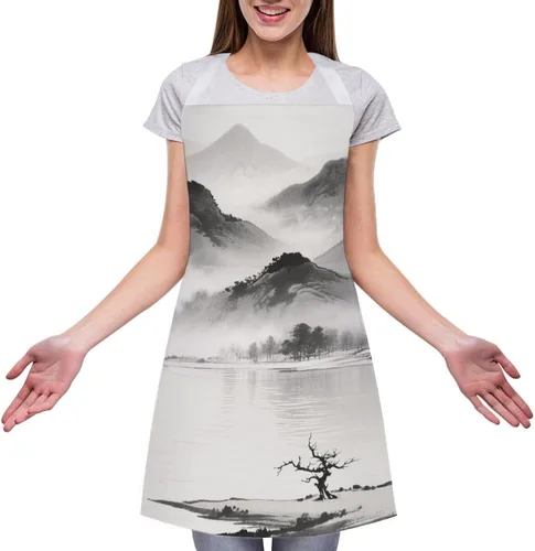 Vista 3 de MUSM Apron for Adults - 27.6 X 31.5 Inch, Heavy-Duty Polyester Aprons with Two Large Pockets, Waterproof Ink Painting Landscape Kitchen Apron for