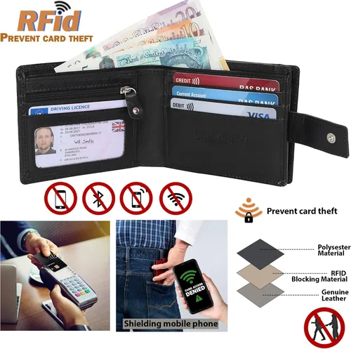 Vista 5 de STARHIDE Cartera de cuero real con cierre RFID para hombre, 1180 Negro
