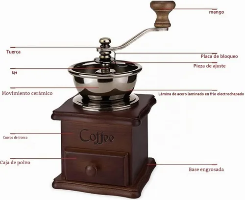 Vista 5 de Molinillo de café manual de madera, estilo vintage, molinillo de café de mano, molinillo de café con manivela de cerámica, cepillo de limpieza