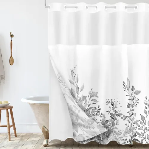 Vista 25 de Tititex - Juego de cortinas de ducha de eucalipto negro, hojas de acuarela gris en la parte superior, con decoración floral de baño, 60 x 72