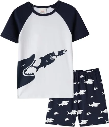 Vista 14 de MyFav - Pijamas para niños grandes de 2 piezas, pantalones cortos, lindos dibujos animados, ropa de dormir 4 piezas Alien