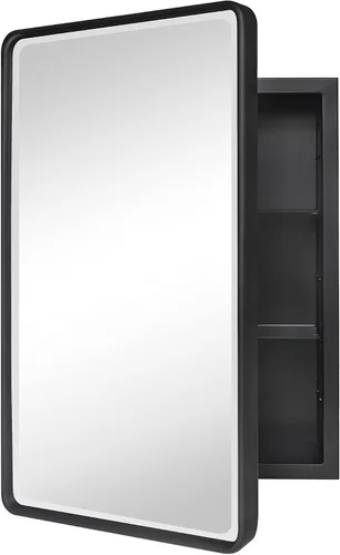 Vista 11 de TEHOME Botiquín de baño empotrado con marco de metal dorado cepillado con espejo rectangular redondeado con espejo biselado de 16 x 24 pulgadas