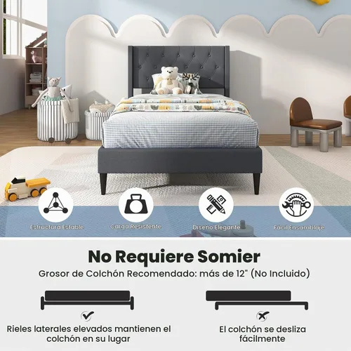 Vista 6 de Giantex Base de cama de plataforma de tamaño individual con respaldo de alas, base de cama tapizada de tela con cabecera capitonada con botones