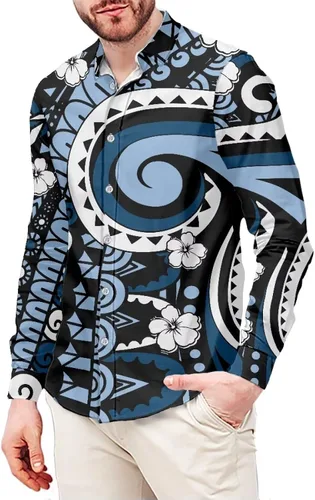Vista 18 de Camisetas polinesias de manga larga para hombre para hombre, diseño floral de plantas tropicales, camisa con botones en la parte superior