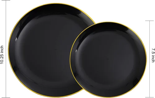 Vista 10 de KIRE 60 platos de plástico negro, platos desechables negros con borde dorado para fiesta de Halloween/graduación, incluye 30 unidades de 10.25