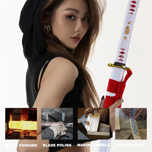 Vista 4 de Espada Katana Japonesa Samurai Hecha a Mano con Saya de Madera de Rayskin Dura, Puede Cortar Bambú