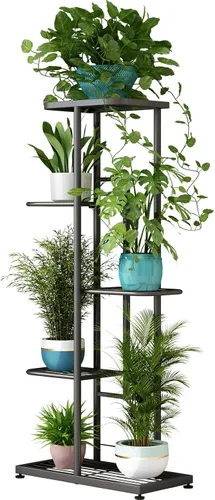 Vista 13 de LINZINAR Soporte de metal para plantas de 4 niveles y 5 macetas, estante múltiple para macetas para interiores y exteriores, unidad de estantería