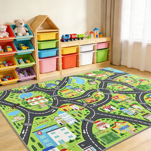 Vista 18 de Alfombras de juego de autos para niños, 36 x 60 pulgadas, tapete de juego de mapa de ruta urbano para jugar con autos, camiones, tapete de juego