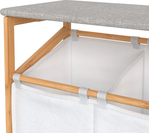 Vista 7 de ClosetMaid Cesta de bambú para ropa sucia con tabla de planchar, estación plegable, compartimentos dobles con divisor, clasificador portátil