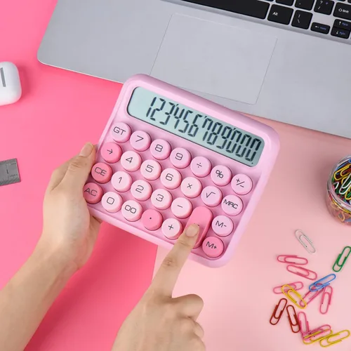 Vista 5 de Interruptor mecánico calculadora rosa de 12 dígitos - Pantalla LCD grande, botones grandes, escritorio, lindo, para uso diario
