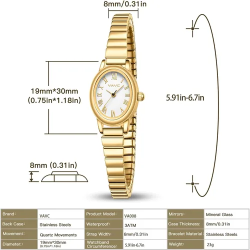 Vista 4 de Relojes pequeños de oro para mujer, reloj analógico para mujer con banda de expansión de acero inoxidable, esfera romana ovalada, resistente al agua