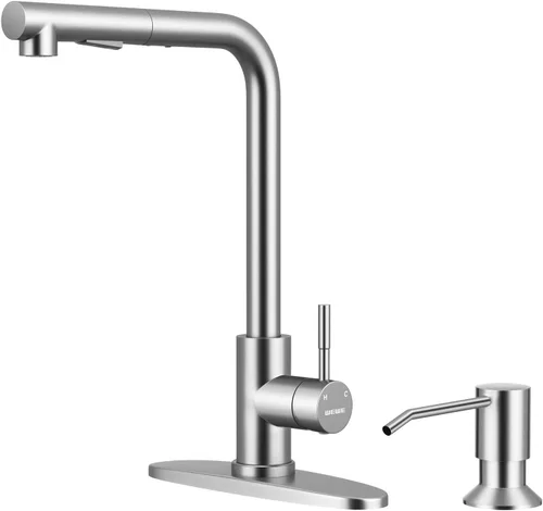 Vista 10 de WEWE Grifo de cocina de acero inoxidable de 14.5 pulgadas de alto con rociador extraíble, grifo de fregadero giratorio de 360° de níquel cepillado
