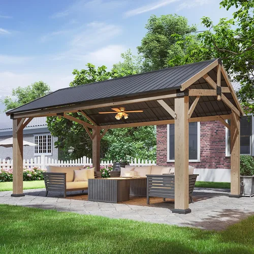 Vista 9 de Aoxun Gazebo de madera de cedro de 10' x 10' con techo de acero galvanizado