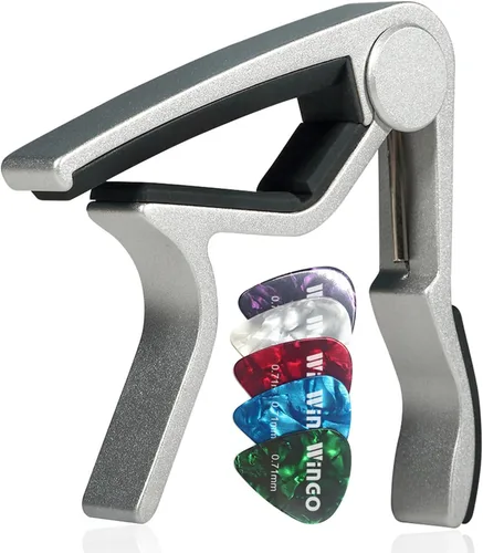 Vista 10 de WINGO Cejilla de guitarra para guitarra acústica y eléctrica con 5 púas, Burlywood Liberación rápida, sin zumbido, acero de 6 cuerdas