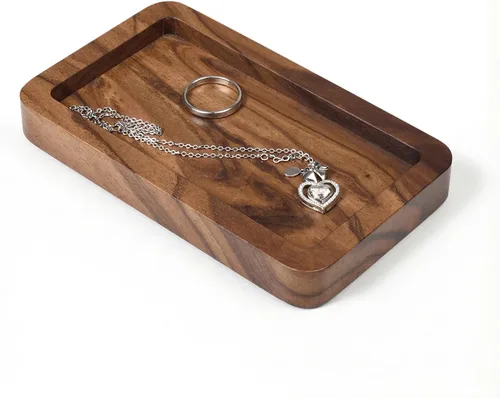 Vista 2 de Bandeja de madera de nogal para anillos, organizador de escritorio Marrón
