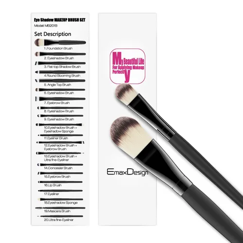 Vista 3 de Juego EmaxDesign de brochas para maquillaje profesional de 20 piezas, para rostro, sombra de ojos, base, rubor, polvos y cremas líquidas