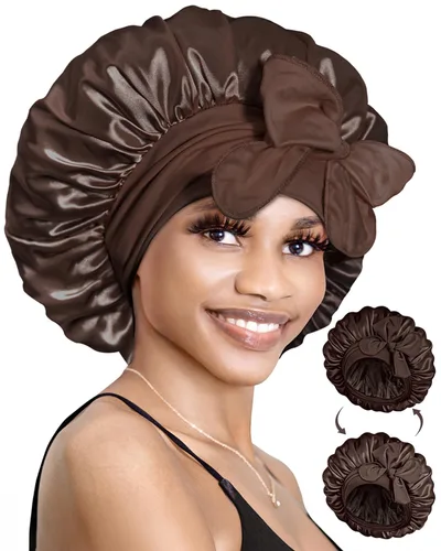 Vista 14 de BONNET QUEEN Gorro reversible de satén de seda para dormir, doble capa, ajustable, trenzas rizadas, peluca de cabello natural, banda para gorro