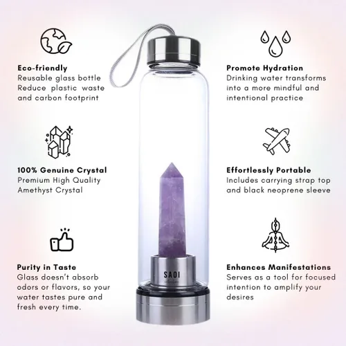 Vista 2 de SAOI Botella de agua de cristal - Amatista - Natural Wellness Healing - Vidrio/Acero inoxidable
