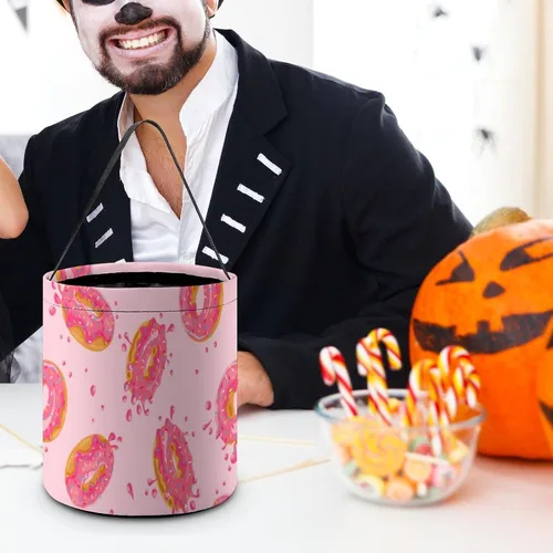 Vista 8 de Bolsas de asas con estampado de rosquillas dulces para Halloween, bolsa de regalo, cesta de caramelos, cubo portátil reutilizable