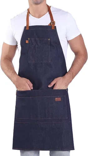 Vista 10 de Delantal de mezclilla con bolsillos, delantal alto con pechera grande con lazos largos ajustables, regalos para hombres y mujeres