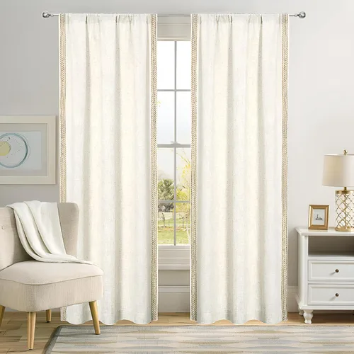 Vista 11 de Cortinas de lino natural mezclado semitransparentes con pestaña trasera para sala de estar, cortinas de lino texturizado estilo bohemio para filtrar