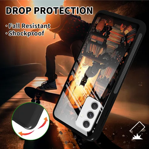 Vista 5 de Funda para Galaxy A14 con protector de pantalla + soporte de diseño de estanterías de gato, funda para teléfono para Samsung Galaxy A14, a prueba