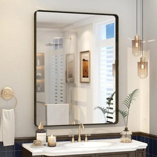 Vista 14 de Espejo rectangular para pared de baño de 20x30 pulgadas con marco negro mate, espejo de tocador con esquinas redondeadas, espejo de baño de metal