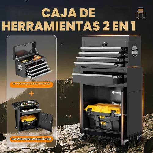 Vista 4 de Oakcloud Combo de Caja y Gabinete de Herramientas Rodantes de Servicio Pesado de 5 Cajones con Forro Negro - Caja de Herramientas de Garaje de Acero