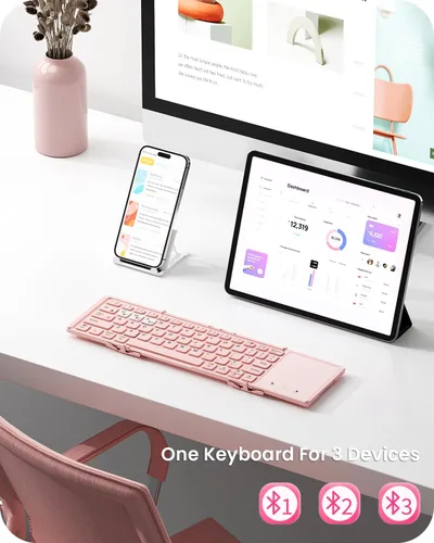 Vista 3 de Artciety - Teclado Bluetooth plegable, portátil e inalámbrico con panel táctil más grande, teclado plegable de bolsillo rosa para MacOS, Android