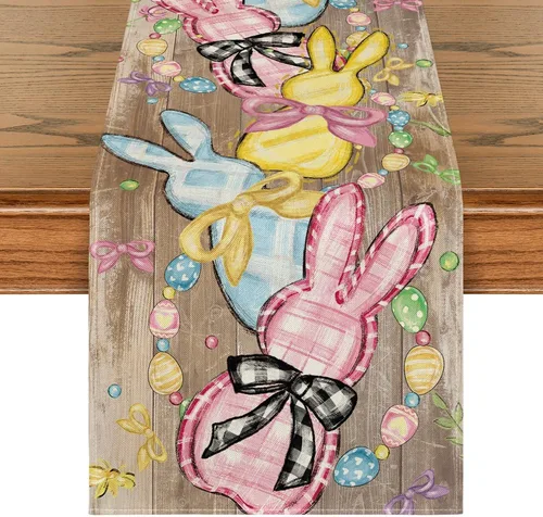 Vista 8 de Artoid Mode Camino de mesa de Pascua con lazo floral, conejo, conejo, huevos, Pascua, decoración de mesa de comedor de primavera para decoración