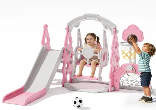 Vista 10 de XJD - Juego de tobogán y columpio 6 en 1 para niños pequeños, tobogán para niños de 1 año en adelante, juego de exterior para niños pequeños con aro